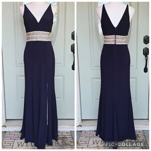 Aqua Formal Navy V-Neck Gown